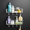 Amazon Basics Self-Adhesive Wall Shelf – No-Drill Multipurpose Bathroom/Kitchen Organizer with Hooks and Towel Holder, Rust Proof GI Steel Organizer | Chrome, 28.2 x 9.8 x 11.5 cm, Pack of 2