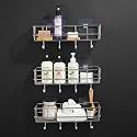 Amazon Basics Self-Adhesive Wall Shelf – No-Drill Multipurpose Bathroom/Kitchen Organizer with Hooks and Towel Holder, Rust Proof GI Steel Organizer | Chrome, 28.2 x 9.8 x 11.5 cm, Pack of 3