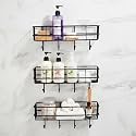 Amazon Basics Self-Adhesive Wall Shelf – No-Drill Multipurpose Bathroom/Kitchen Organizer with Hooks and Towel Holder, Rust Proof GI Steel Organizer | Black, 28.2 x 9.8 x 11.5 cm, Pack of 3