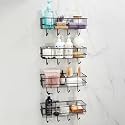 Amazon Basics Self-Adhesive Wall Shelf – No-Drill Multipurpose Bathroom/Kitchen Organizer with Hooks and Towel Holder, Rust Proof GI Steel Organizer | Black, 28.2 x 9.8 x 11.5 cm, Pack of 4