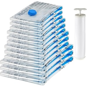 amazon basics vacuum compression storage bags with hand pump - 12-pack 3 jumbo 3 large 3 medium 3 small plastic  white