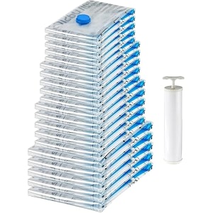 amazon basics plastic vacuum compression zipper storage bags with hand pump20 pack5 small5 medium5 largeamp5 jumbomultiple sizeclearwhite