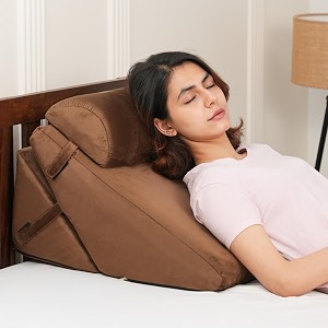 amazon basics adjustable wedge pillow with memory foam amp head rest  multi-purpose back amp leg support cushion for bed amp sofa  soft removable washable cover  durable design - brown 38 x 57 x 53 cm