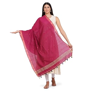 amazon brand - anarva women39s handloom hand woven cotton buti zari dupatta with pom pom edgings 25 meters magenta