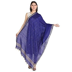 amazon brand - anarva women39s handloom hand woven cotton buti zari dupatta with pom pom edgings 25 meters blue