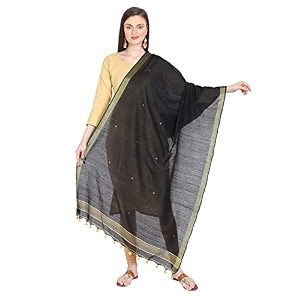 amazon brand - anarva women39s handloom hand woven cotton buti zari dupatta with pom pom edgings 25 meters black
