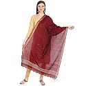 Amazon Brand - Anarva Women's Handloom Hand Woven Cotton Buti Zari Dupatta With Pom Pom Edgings (2.5 Meters) (Maroon)
