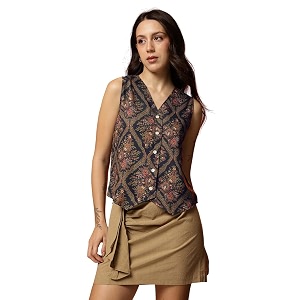 amazon brand - inkast women floral printed button down v-neck tunic topsleevelessethnic crop top