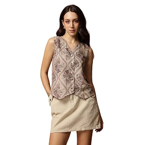 amazon brand - inkast women floral printed button down v-neck tunic topsleevelessethnic crop top