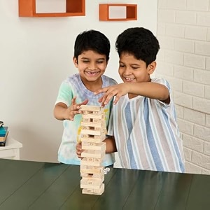amazon brand - jam amp honey- 54pcs premium hardwood tumbling tower4 dices  wooden building blocks  stacking tower game party game birthday gift for adults and kids age 6 multiplayers