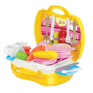 amazon brand - jam amp honey barbie kitchen set toy for kids 2 years pretend play cooking set with portable suitcase kitchen playset role play toy bis certified safe