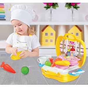 amazon brand - jam amp honey kids kitchen set toy with portable suitcase pretend play cooking set for boys amp girls 2 years bis certified non-toxic safe for kids realistic utensils multicolour
