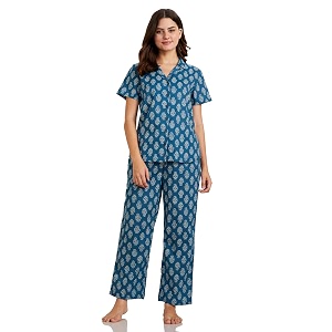amazon brand - myx women cotton shirt and relaxed pajama set  night suit set available in plus sizes