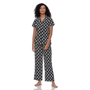 amazon brand - myx women cotton shirt and relaxed pajama set  night suit set available in plus sizes