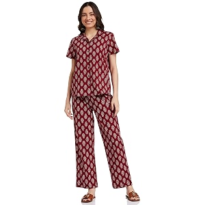 amazon brand - myx women cotton shirt and relaxed pajama set  night suit set available in plus sizes