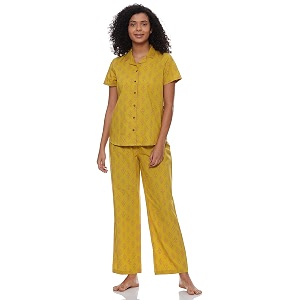 amazon brand - myx women cotton shirt and relaxed pajama set night suit set available in plus sizes