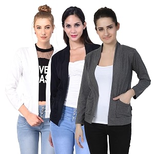 amazon brand - nora nico women39s cotton full sleeves front open casual shrugs with pockets-pack of 23-black-white-darkgrey l