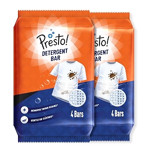 amazon brand - presto detergent bar  250g  8 count  4 bars each x pack of 2  tough on stains  gentle on fabrics  colour-safe  refreshing fragrance  gentle on hands