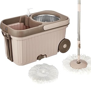 amazon brand - presto elite spin mop with steel wringer and auto-fold handle chestnut 2 refills