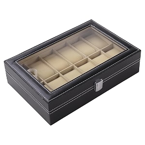 amazon brand - solimo 12 slots watch organizer for men amp women  secure closer  wrist watch display box  30 x 20 x 8 cm black glass leather