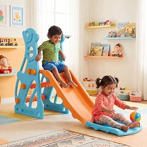 amazon brand  solimo penguin 2-in-1 kids slide with basketball hoop amp ball  medium  indoor amp outdoor  safe for boys amp girls  age 2-3 years  easy assembly  multicolor