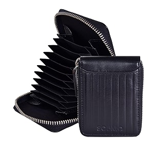 amazon brand - solimo andrew genuine leather rfid blocking card holder ultra strong stitching 10 card 2 currency holder 1 id window for men and women 115cm x95cm