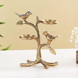 amazon brand - solimo metal birds tree tea light candle holder  gold finish  decorative centerpiece for home living room amp puja  good luck gift with glass for votive candle candles not included