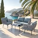Amazon Brand - Solimo Braid Kaya Rope & Metal Frame Outdoor 4-Seater Sofa Set with Tempered Glass Top Center Table, Water-Repellent Cushions & Handwoven Design for Garden Patio (Grey-Blue)
