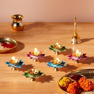 amazon brand - solimo brass iron jyot set of 6  multicolor leaf design oil lamps for puja diwali amp home dcor with gift box