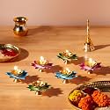 Amazon Brand - Solimo Brass/ Iron Jyot Set of 6 – Multicolor Leaf Design Oil Lamps for Puja, Diwali &amp; Home Décor with Gift Box
