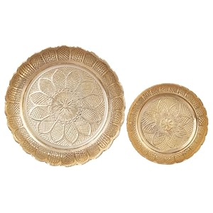 amazon brand solimo brass katuch plates  set of 2 traditional decorative brass dishes 434 and 634  handcrafted for puja decor gifting and dining use  15x15x3 and 10x10x25 cm