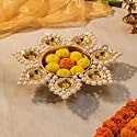 Amazon Brand - Solimo Gold Polished Metallic Tealight Candle Holder Urli Bowl | Decorative Pearl and Flower Theme | for Diwali, Weddings, and House Warming | Holds 7 Tealights | Gold Finish