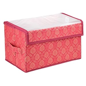 amazon brand - solimo drawer storage box  clothes drawer organizer with handle  transparent lid with velcro  wardrobe organizer for books  golden-print storage box maroon