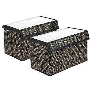 amazon brand - solimo drawer storage box  clothes drawer organizer with handle  transparent lid with velcro  wardrobe organizer for books golden-dot storage black pack of 2 non-woven clothing