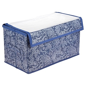 amazon brand - solimo drawer storage box  clothes drawer organizer with handle  transparent lid with velcro  wardrobe organizer for books  flower printed storage box navy blue