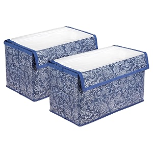 amazon brand - solimo drawer storage boxclothes drawer organizer with handletransparent lid with velcrowardrobe organizer for booksflower printed navy blue pack of 2 non-woven clothing