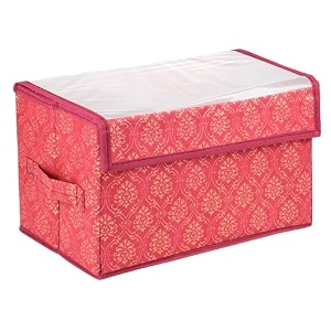 amazon brand - solimo drawer storage box  clothes drawer organizer with handle  transparent lid with velcro  wardrobe organizer for books  golden-print storage box maroon
