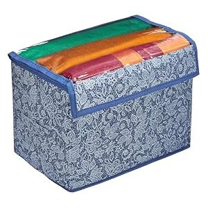 amazon brand - solimo drawer storage box  clothes drawer organizer with handle  transparent lid with velcro  wardrobe organizer for books  flower printed storage box medium navy blue pack of 2