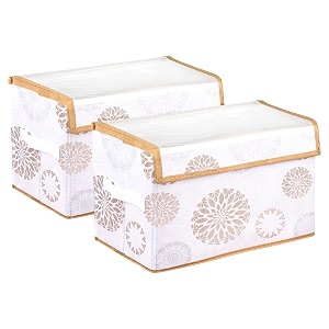 amazon brand - solimo drawer storage box  clothes drawer organizer with handle  transparent lid with velcro  wardrobe organizer for books  gola-print storage box white pack of 2