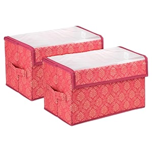 amazon brand - solimo non-woven drawer storage box  clothes drawer organizer with handle  transparent lid with velcro  wardrobe organizer for books  golden-print storage box maroon pack of 2