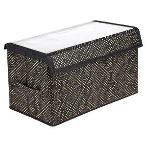 amazon brand - solimo drawer storage box  clothes drawer organizer with handle  transparent lid with velcro  wardrobe organizer for books  golden-dot storage box black