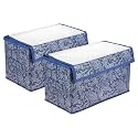 Amazon Brand - Solimo Drawer Storage Box|Clothes Drawer Organizer With Handle|Transparent Lid With Velcro|Wardrobe Organizer For Books|Flower Printed, Navy Blue, Pack Of 2, Non-Woven, Clothing