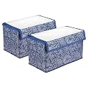 Amazon Brand - Solimo Drawer Storage Box | Clothes Drawer Organizer with Handle | Transparent Lid with Velcro | Wardrobe Organizer for Books | Flower Printed Storage Box (Navy Blue, Pack of 2)