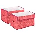 Amazon Brand - Solimo Non-Woven Drawer Storage Box | Clothes Drawer Organizer With Handle | Transparent Lid With Velcro | Wardrobe Organizer For Books | Golden-Print Storage Box (Maroon, Pack Of 2)