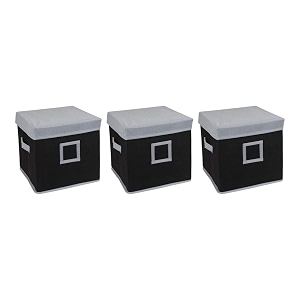 amazon brand - solimo fabric storage box with lid small set of 3 black and grey
