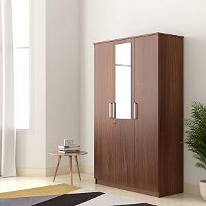 amazon brand - solimo grants engineered wood 3 door wardrobe with 1 drawer and mirror asian walnut finish