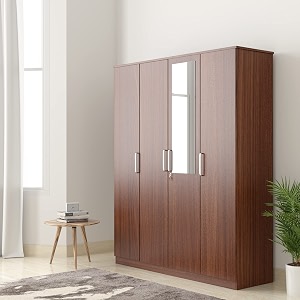 amazon brand - solimo grants engineered wood 4 door wardrobe with 1 drawer and mirror asian walnut finish