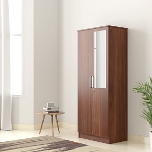 amazon brand - solimo grants engineered wood 2 door wardrobe with 1 drawer and mirror asian walnut finish