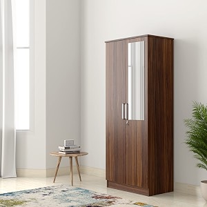 amazon brand - solimo grants engineered wood 2 door wardrobe with 1 drawer and mirror walnut finish