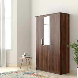 amazon brand - solimo grants engineered wood 3 door wardrobe with 1 drawer and mirror walnut finish